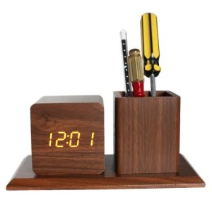 Wooden Clock Modern Led Desk Alarm Thermometer Time Calendar Gold Bt Speaker Radio Digital Metal Vintage Home