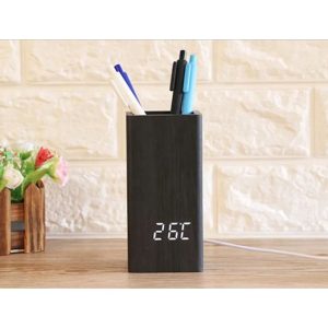 Multifunctional Desk Wooden LED Clock Creative Electronic Pen Holder - Black