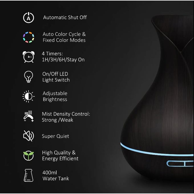 Essential Oil Diffuser 7 Color Lights Wood Grain 400ML Capacity Aromatherapy Oil Diffuser For Home, Business, Baby Rooms - Black - Image 5