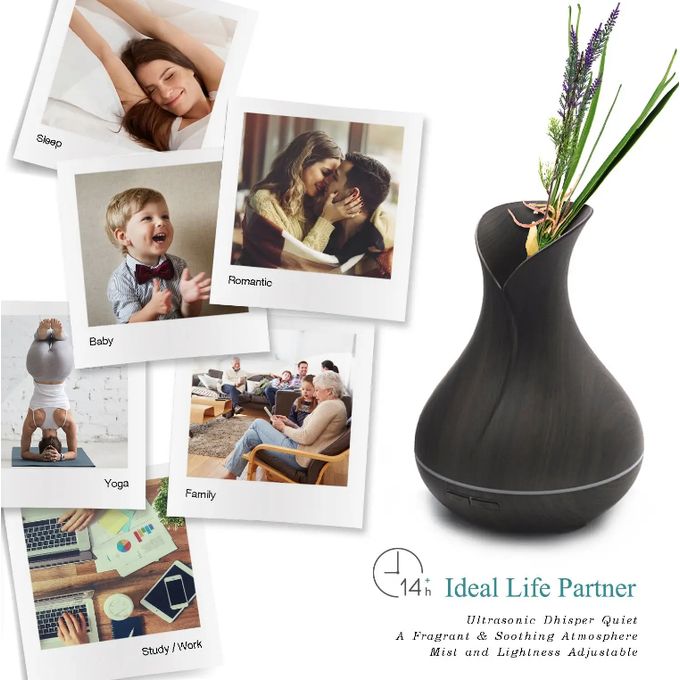 Essential Oil Diffuser 7 Color Lights Wood Grain 400ML Capacity Aromatherapy Oil Diffuser For Home, Business, Baby Rooms - Black - Image 3